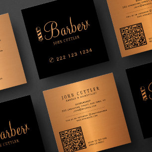 Barber shop gold scissors pole QR code promotional Square Business Card