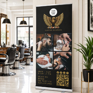 Barber Shop Golden Eagle Logo QR Code 4 Photo Retractable Banner