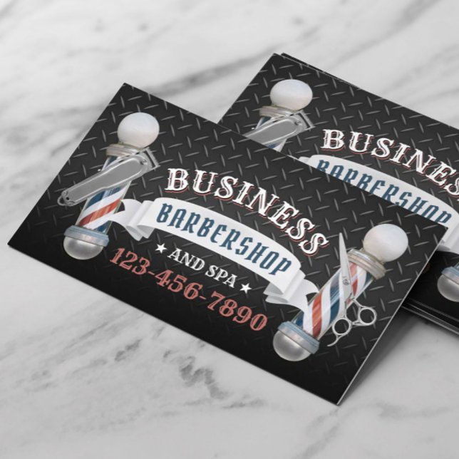 Barber Shop Hair Stylist Dark Metal Barbershop Business Card (Creator Uploaded)