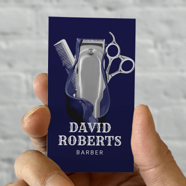 Barber Shop Hair Stylist Navy & Silver Barbershop Business Card (Creator Uploaded)
