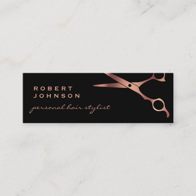 Barber Shop Hairdresser Black Copper Scissors Mini Business Card (Front)