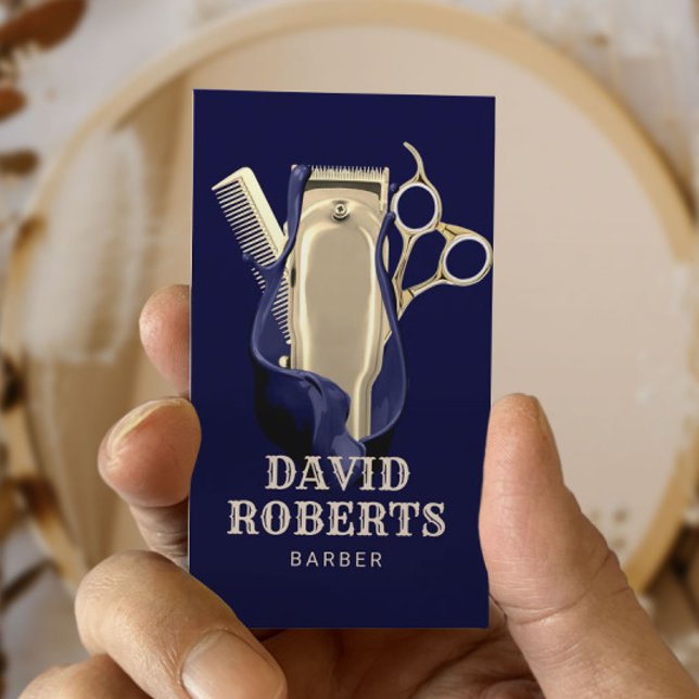 Barber Shop Hairdresser Navy Blue Gold Barbershop  Business Card (Creator Uploaded)