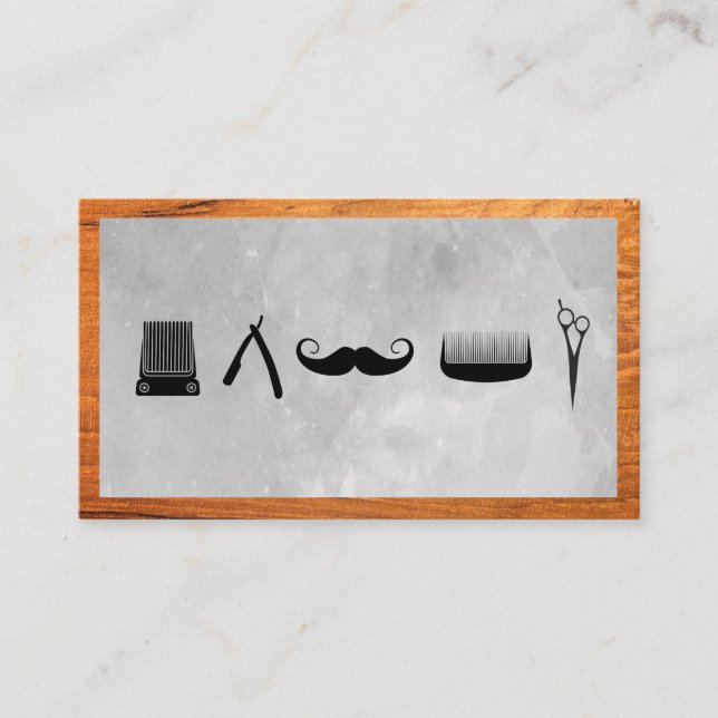 Barber Shop icons | Wood Border Business Card (Front)