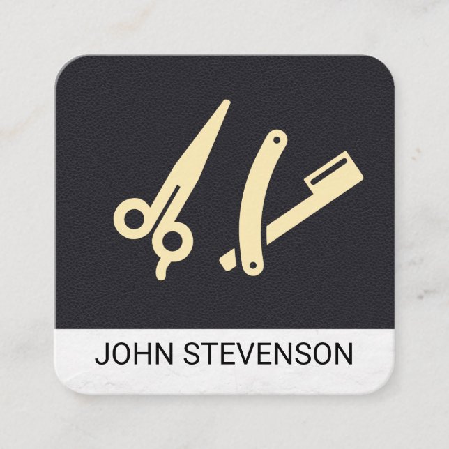 Barber Shop | Leather | Shave and Haircut Square Business Card (Front)