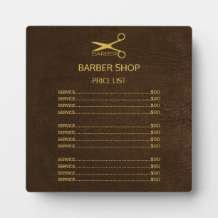 Barber shop logo brown leather service menu plaque
