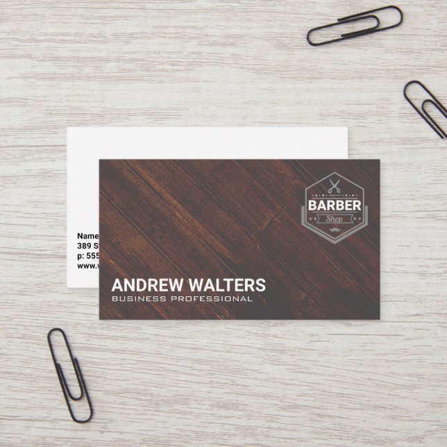 Barber Shop Logo | Wooden Boards Business Card (Front/Back In Situ)