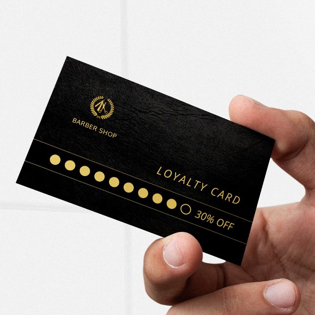 Barber shop luxury black leather loyalty punch business card (Creator Uploaded)