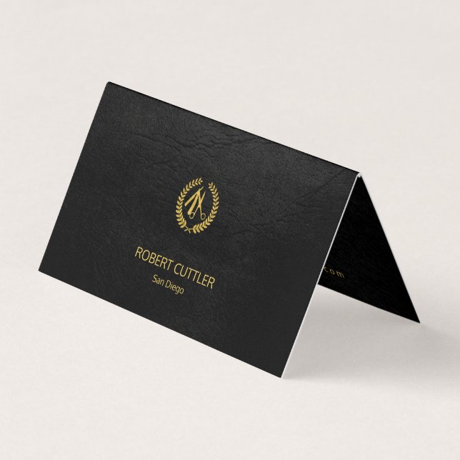 Barber shop luxury elegant black leather look business card (Front)