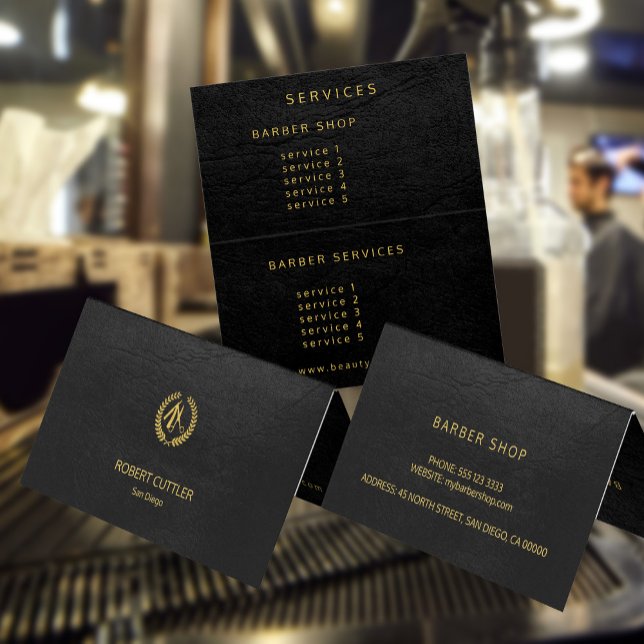 Barber shop luxury elegant black leather look business card (Creator Uploaded)
