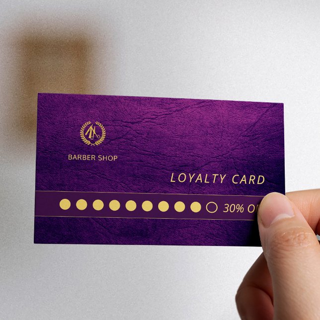 Barber shop luxury purple leather loyalty punch business card (Creator Uploaded)