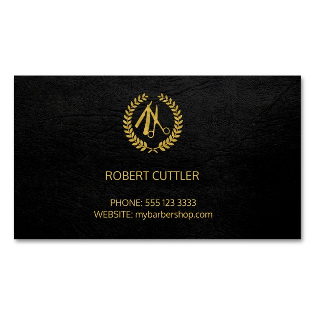 Barber shop luxury simple black leather look 	Magnetic business card (Front)