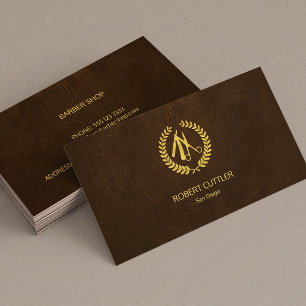 Barber shop luxury simple gold brown leather look business card