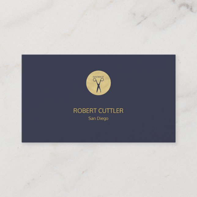 Barber shop luxury simple gold taupe and navy business card (Front)