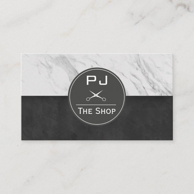 Barber Shop Marble Sleek Black Monogram Business Card (Front)
