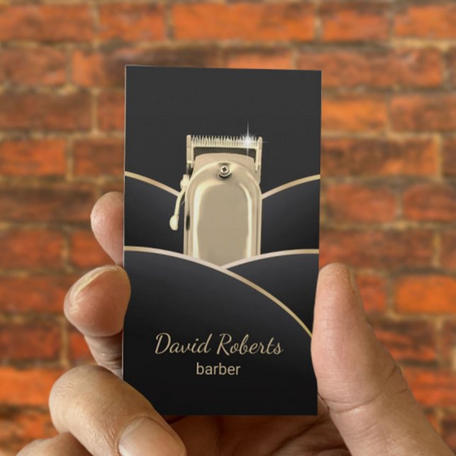 Barber Shop Modern Black & Gold Hair Stylist Business Card (Creator Uploaded)