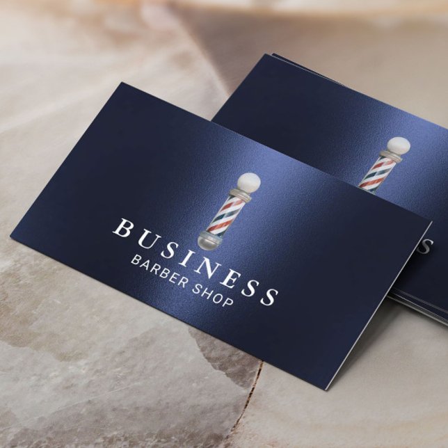Barber Shop Modern Navy Blue Metal Hair Stylist  Business Card (Creator Uploaded)