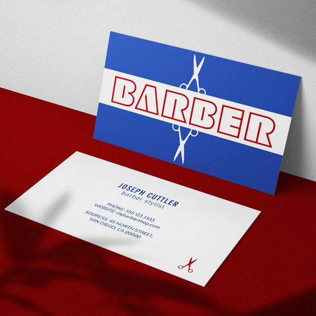 Barber shop modern red blue white Business Card (Creator Uploaded)
