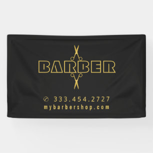Barber shop modern script gold scissors black banner