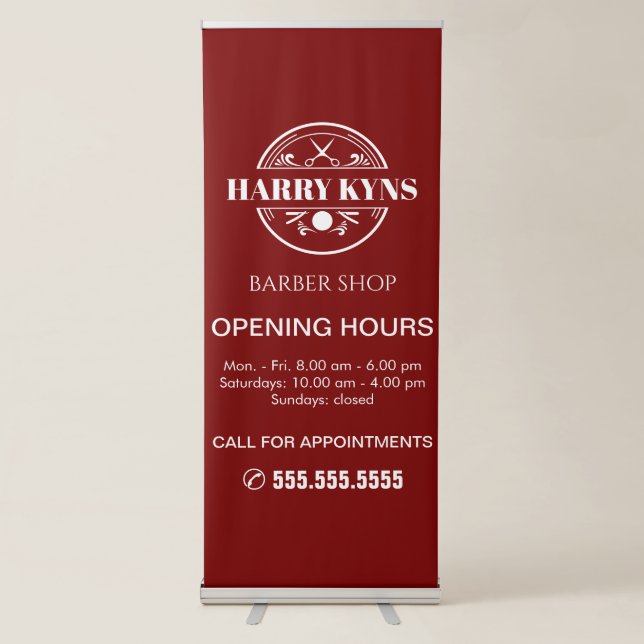 Barber shop opening hours custom retractable banner (Front)