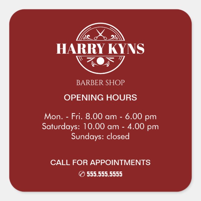 Barber shop opening hours custom square sticker (Front)
