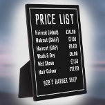 Barber Shop Price List Plaque<br><div class="desc">Free-standing price-list for a hairdresser or barber shop. Alter prices as you wish. Displays up to 6 items and prices. Black and white.</div>