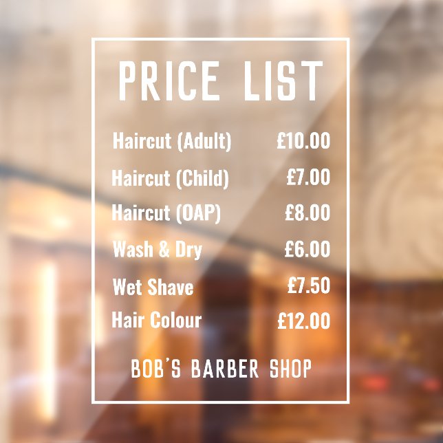 Barber Shop Price List Window Cling (Sheet 2)