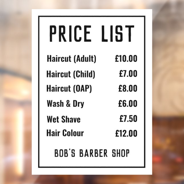 Barber Shop Price List Window Cling (Sheet 2)