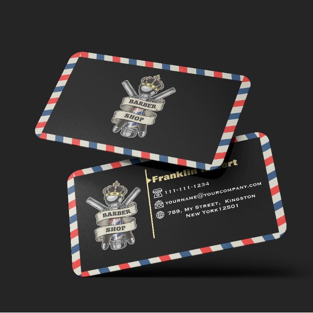 Barber Shop Professional Blue & Red Stripes Custom Business Card (Creator Uploaded)