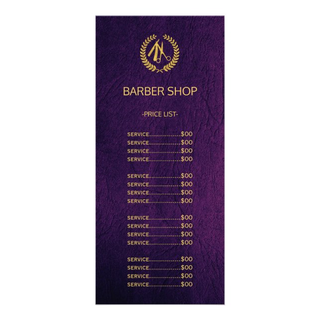 Barber shop purple leather look price list rack card (Front)