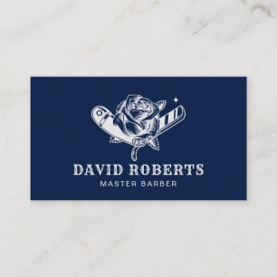 Barber Shop Razor & Rose Logo Barbershop Navy Business Card