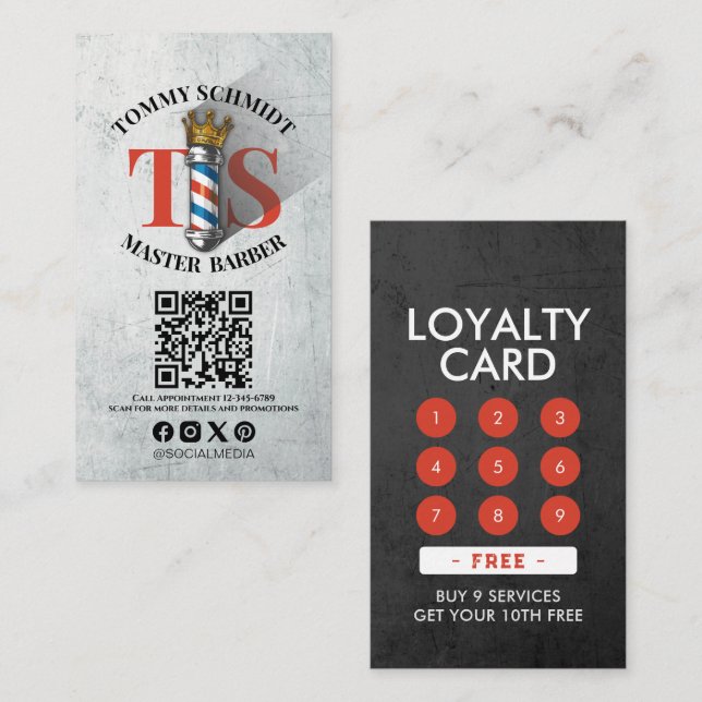 Barber Shop Royal Crown Barber Pole Hair Salon QR Loyalty Card (Front/Back)