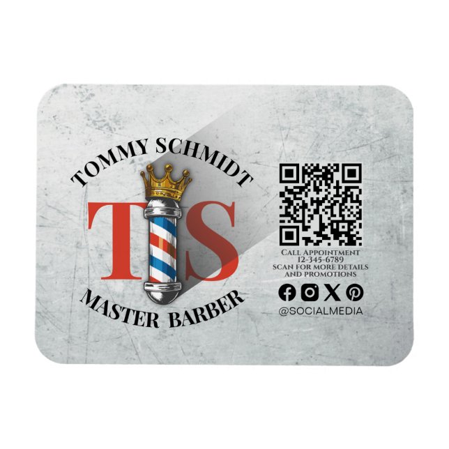 Barber Shop Royal Crown Barber Pole Hair Salon QR Magnet (Horizontal)