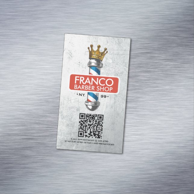Barber Shop Royal Crown Barber Pole Hair Salon QR Magnetic Business Card (In Situ)