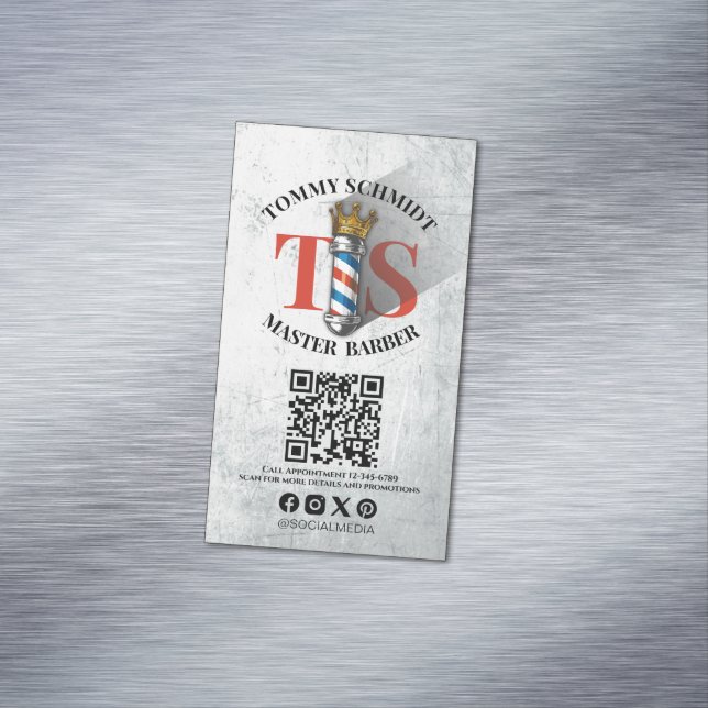 Barber Shop Royal Crown Barber Pole Hair Salon QR Magnetic Business Card (In Situ)