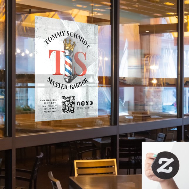 Barber Shop Royal Crown Barber Pole Hair Salon QR Window Cling (Restaurant Window)