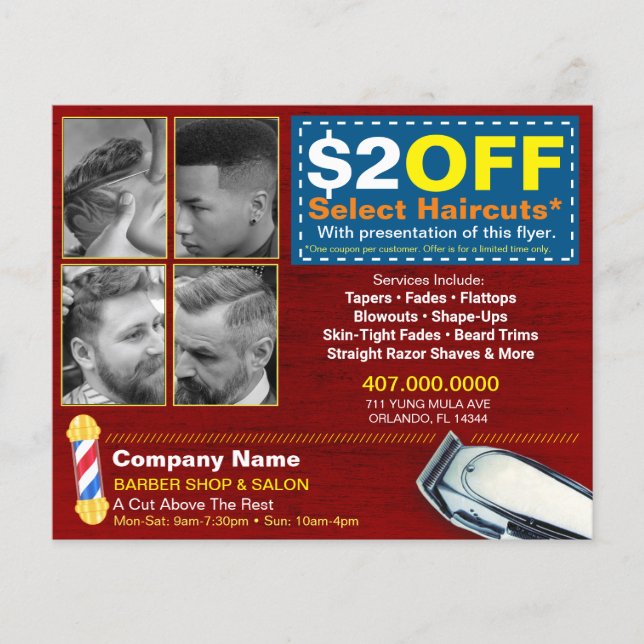Barber Shop & Salon Customisable Coupon Template Flyer (Front)