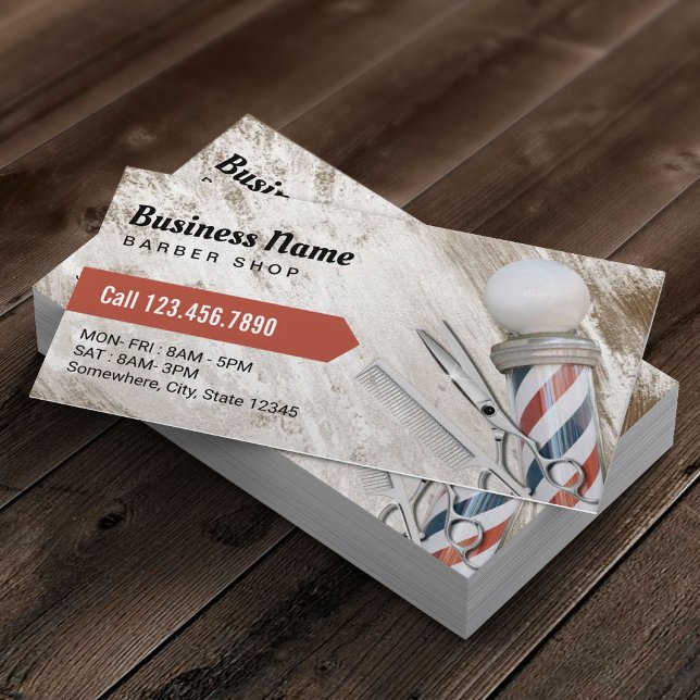 Barber Shop Scissor & Barber Pole Grunge Wood Business Card (Creator Uploaded)
