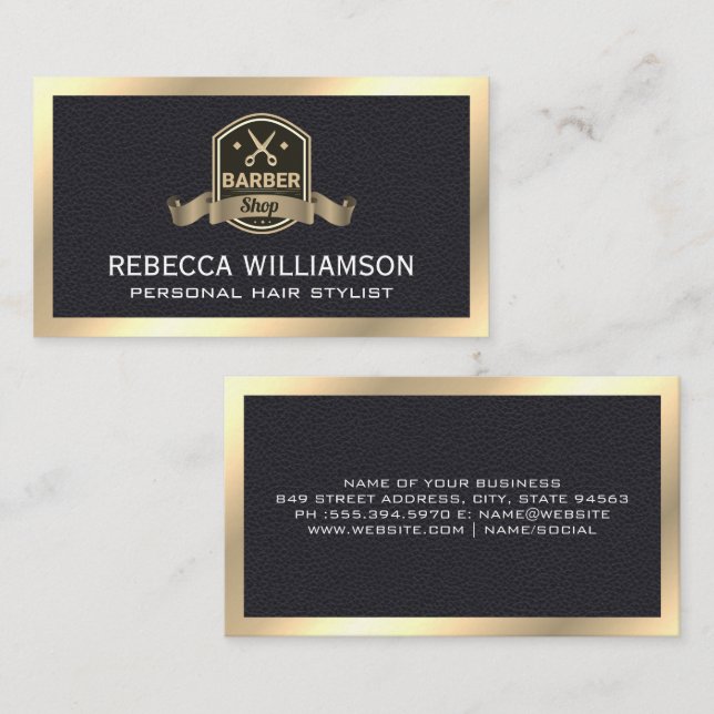 Barber Shop Scissors | Leather Gold Metal Trim Business Card (Front/Back)