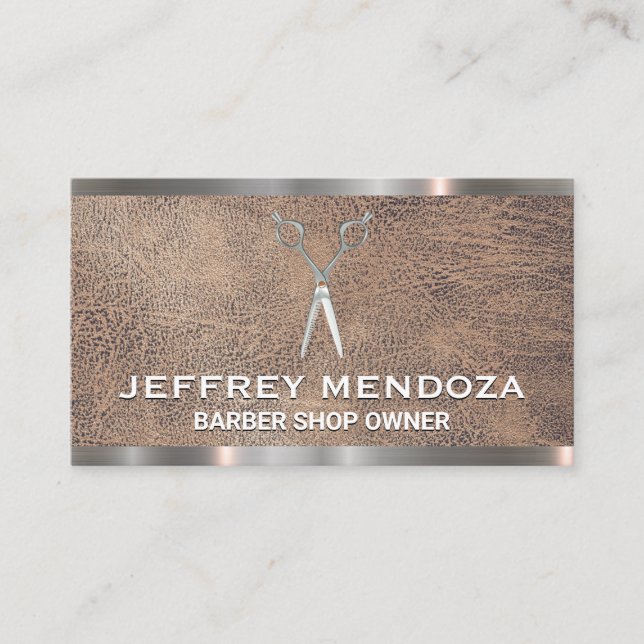 Barber Shop | Scissors |  Leather Metal Trim  Business Card (Front)