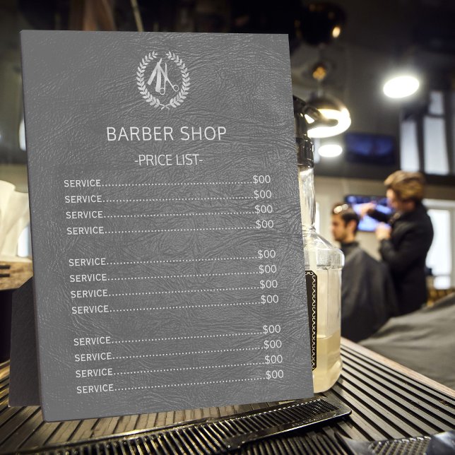 Barber shop silver dark grey leather price list plaque (Creator Uploaded)