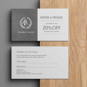 Barber shop silver grey logo referral template card