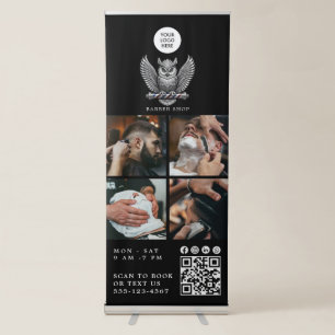 Barber Shop Silver Owl Logo QR Code 4 Photo Retractable Banner
