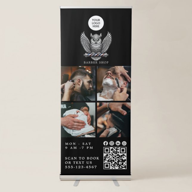 Barber Shop Silver Owl Logo QR Code 4 Photo Retractable Banner (Front)