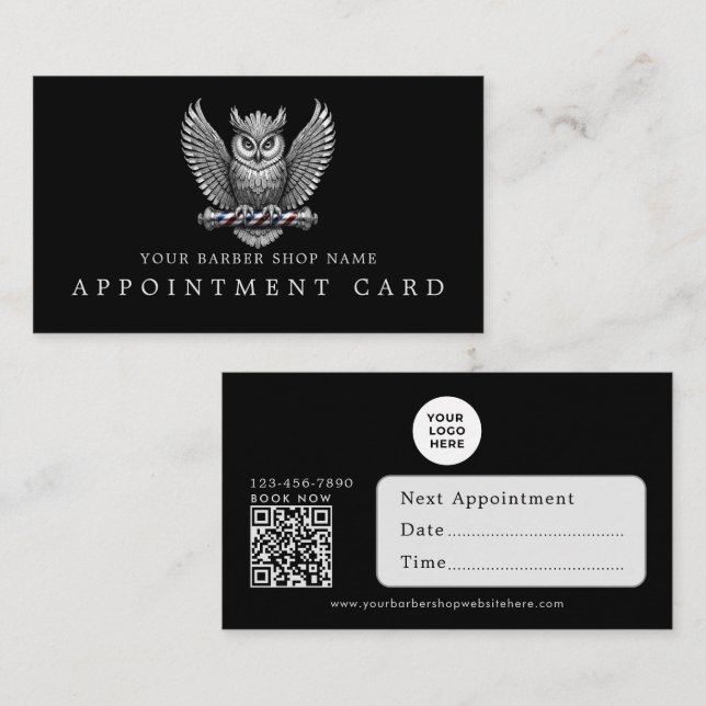 Barber Shop Silver Owl Qr Code Appointment Cards (Front/Back)
