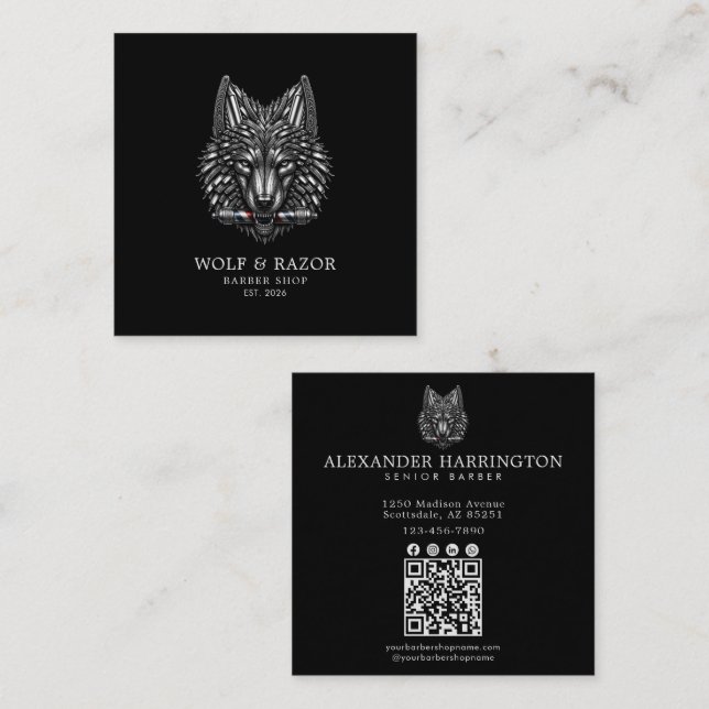 Barber Shop Silver Wolf Professional Qr Code Square Business Card (Front/Back)