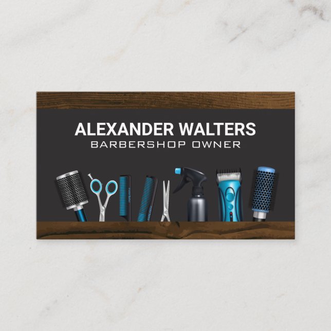 Barber Shop Stylist Tools | Wood  Business Card (Front)