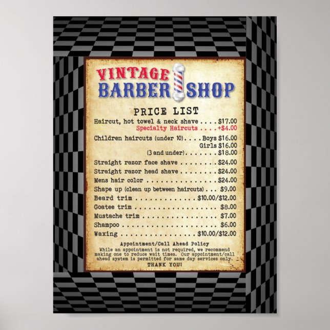 Barber Shop Vintage Price List Poster (Front)