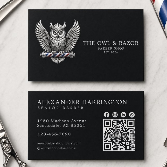 Barber Silver Owl Professional Barber Shop Qr Code Business Card (Creator Uploaded)