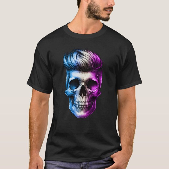 Barber Skull with Fashion Haircuts Hair Stylist T-Shirt (Front)
