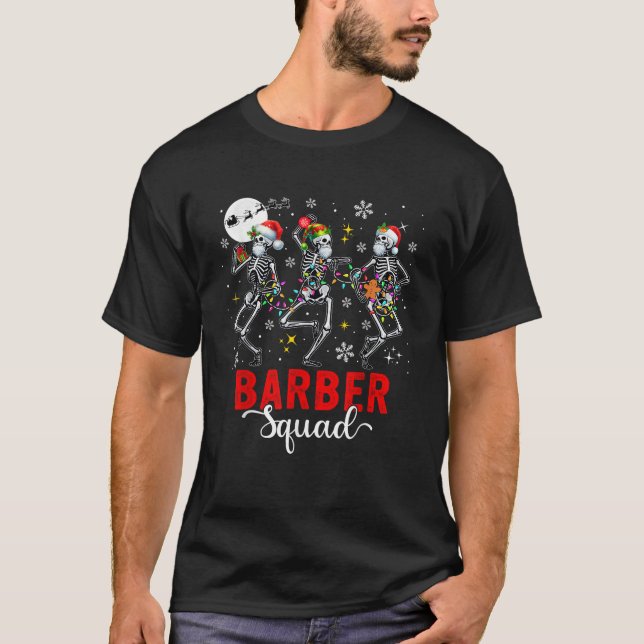 Barber Squad Job Three Santa Elf Skeletons Xmas Da T-Shirt (Front)